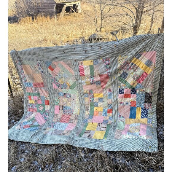 Vintage 1930s Flour Sack Fabric Crazy Quilt Wool Stuffed 83x66